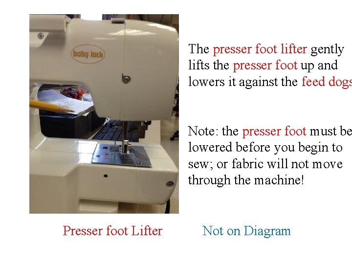 The presser foot lifter gently lifts the presser foot up and lowers it against