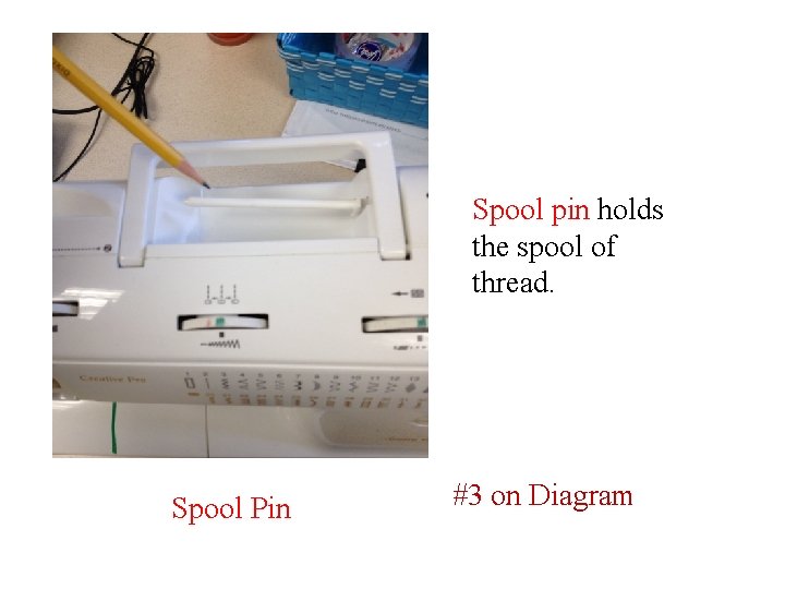 Spool pin holds the spool of thread. Spool Pin #3 on Diagram 