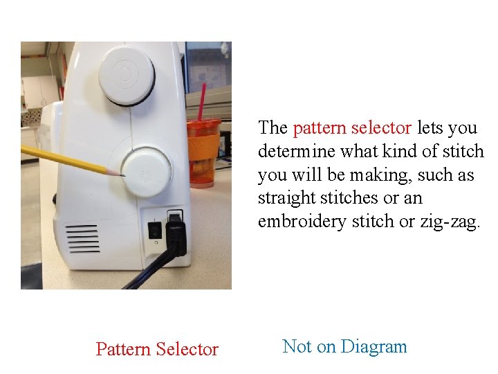 The pattern selector lets you determine what kind of stitch you will be making,