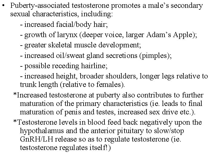  • Puberty-associated testosterone promotes a male’s secondary sexual characteristics, including: - increased facial/body