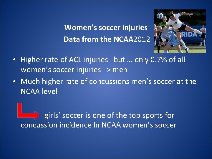 Women’s soccer injuries Data from the NCAA 2012 • Higher rate of ACL injuries