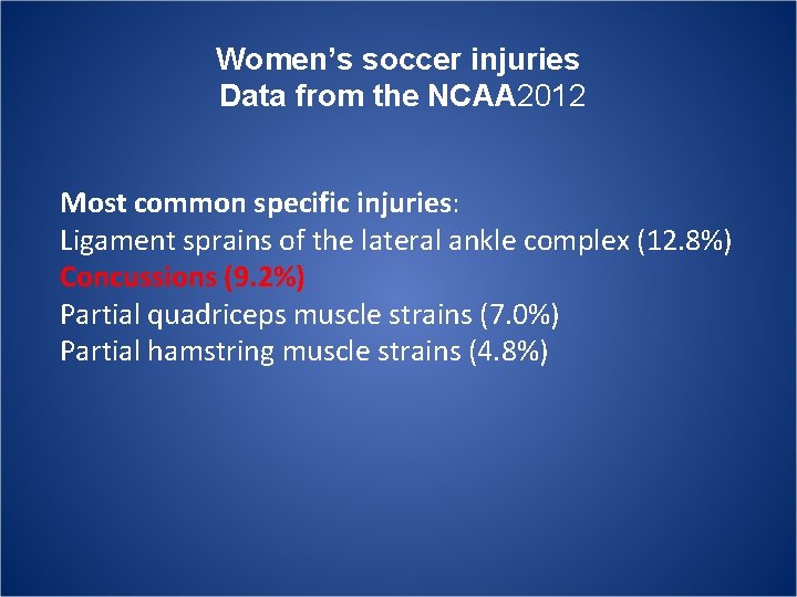 Women’s soccer injuries Data from the NCAA 2012 Most common specific injuries: Ligament sprains