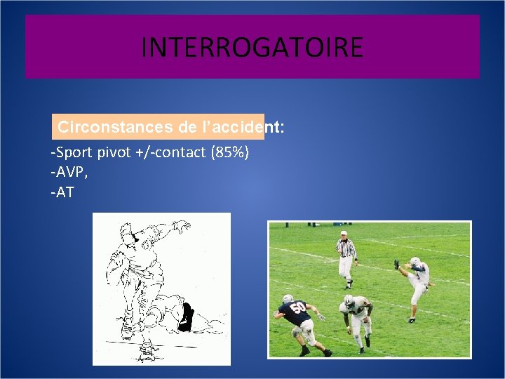 INTERROGATOIRE Circonstances de l’accident: -Sport pivot +/-contact (85%) -AVP, -AT 