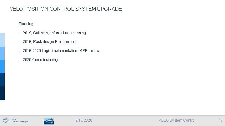 VELO POSITION CONTROL SYSTEM UPGRADE Planning. - 2019, Collecting information, mapping - 2019, Rack