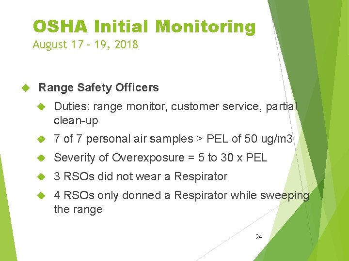 OSHA Initial Monitoring August 17 – 19, 2018 Range Safety Officers Duties: range monitor, OSHA Initial Monitoring August 17 – 19, 2018 Range Safety Officers Duties: range monitor,