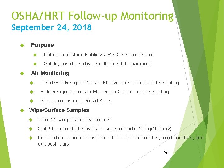 OSHA/HRT Follow-up Monitoring September 24, 2018 Purpose Better understand Public vs. RSO/Staff exposures Solidify OSHA/HRT Follow-up Monitoring September 24, 2018 Purpose Better understand Public vs. RSO/Staff exposures Solidify