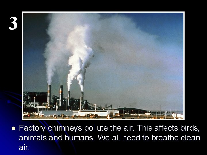 3 l Factory chimneys pollute the air. This affects birds, animals and humans. We