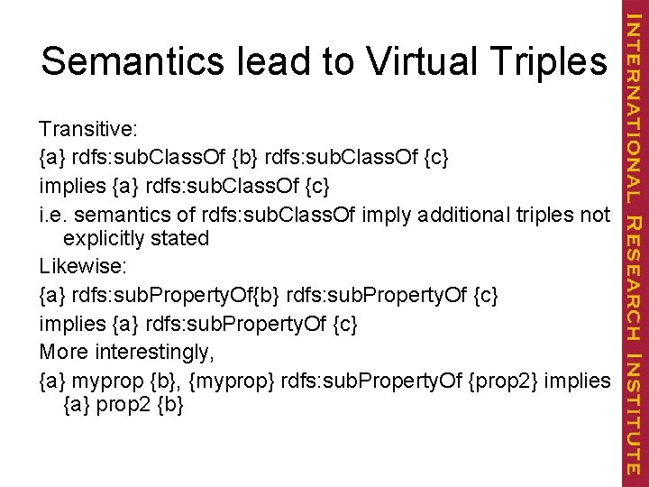 Semantics lead to Virtual Triples Transitive: {a} rdfs: sub. Class. Of {b} rdfs: sub.