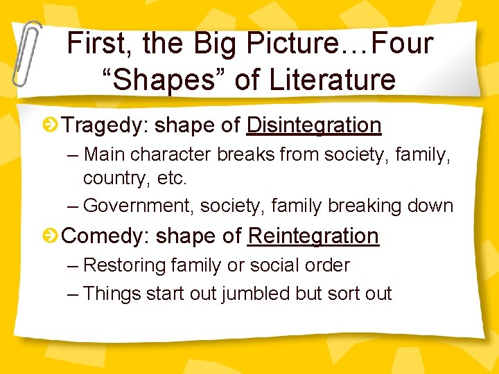 First, the Big Picture…Four “Shapes” of Literature Tragedy: shape of Disintegration – Main character