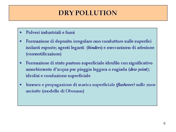 DRY POLLUTION • Polveri industriali e fumi • Formazione di deposito irregolare non conduttore