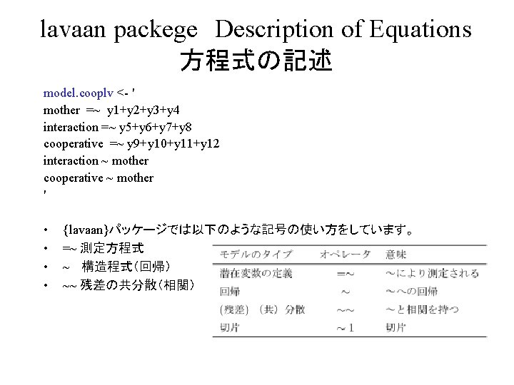 lavaan packege　Description of Equations 方程式の記述　 model. cooplv <- ' mother =~ y 1+y 2+y