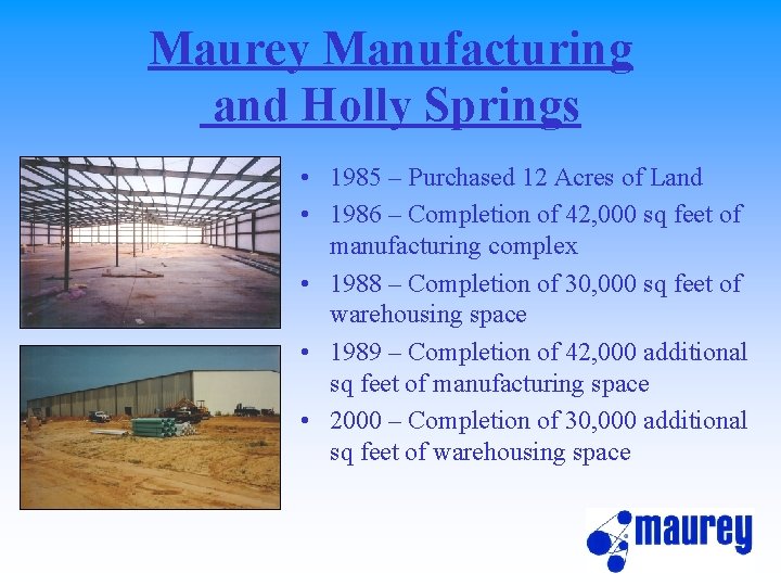 Maurey Manufacturing and Holly Springs • 1985 – Purchased 12 Acres of Land •