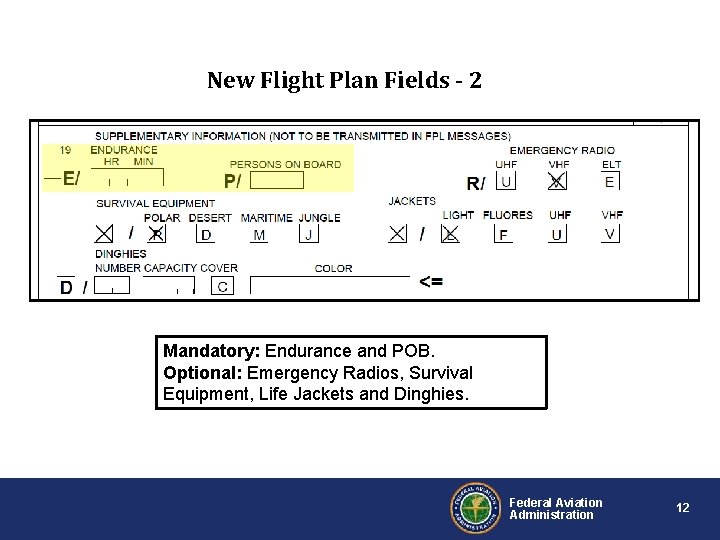 New Flight Plan Fields - 2 Mandatory: Endurance and POB. Optional: Emergency Radios, Survival