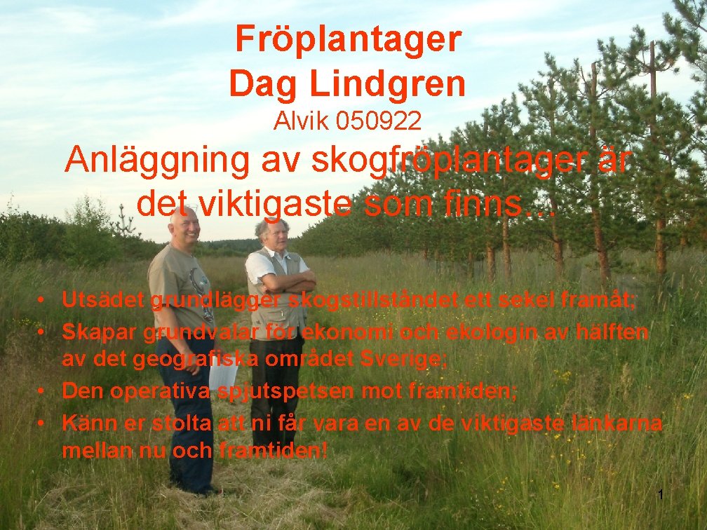 Fröplantager Dag Lindgren Alvik 050922 Anläggning av skogfröplantager är det viktigaste som finns… •