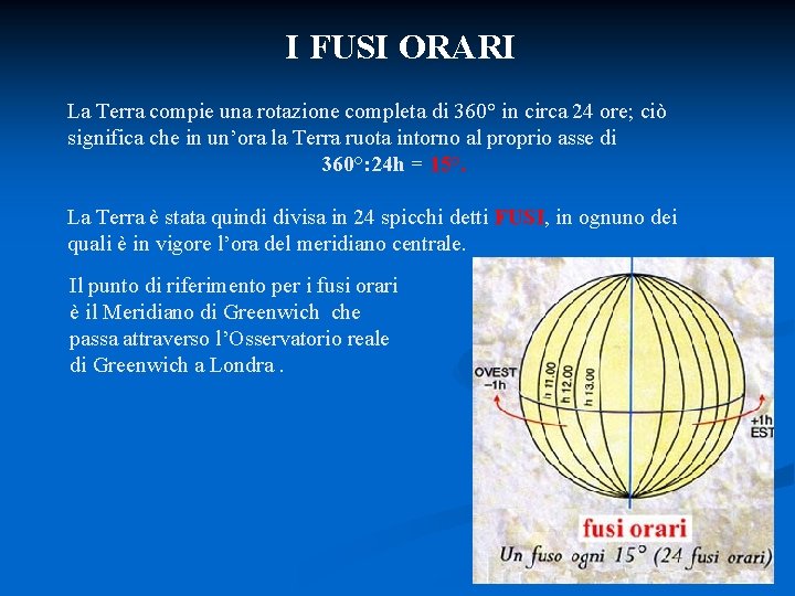 I FUSI ORARI La Terra compie una rotazione completa di 360° in circa 24