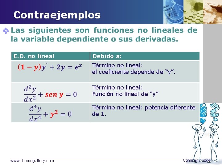 Contraejemplos v E. D. no lineal Debido a: Término no lineal: el coeficiente depende