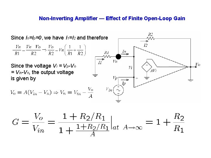 Non-Inverting Amplifier — Effect of Finite Open-Loop Gain Since In=Ip=0, we have I 1=I