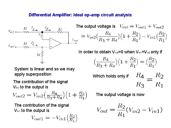 Differential Amplifier: Ideal op-amp circuit analysis The output voltage is In order to obtain