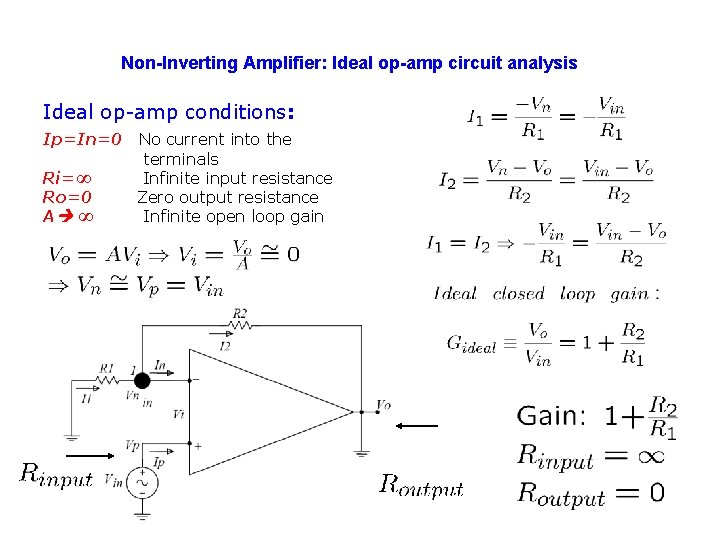 Non-Inverting Amplifier: Ideal op-amp circuit analysis Ideal op-amp conditions: Ip=In=0 Ri=∞ Ro=0 A ∞