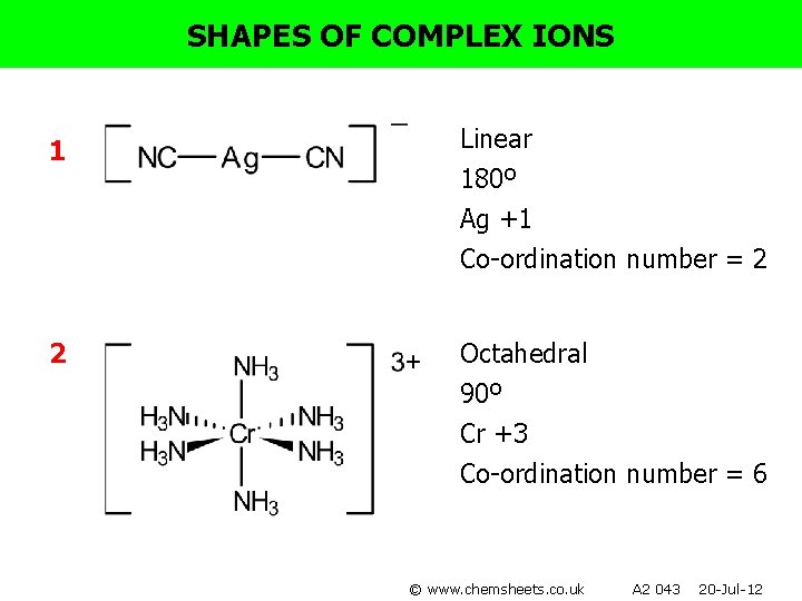 SHAPES OF COMPLEX IONS 1 Linear 180º Ag +1 Co-ordination number = 2 2