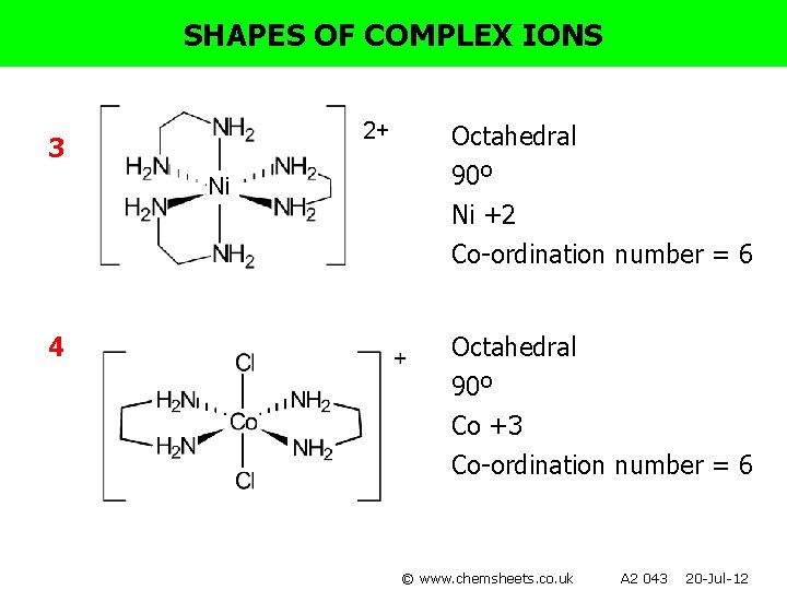 SHAPES OF COMPLEX IONS 2+ 3 Ni Octahedral 90º Ni +2 Co-ordination number =