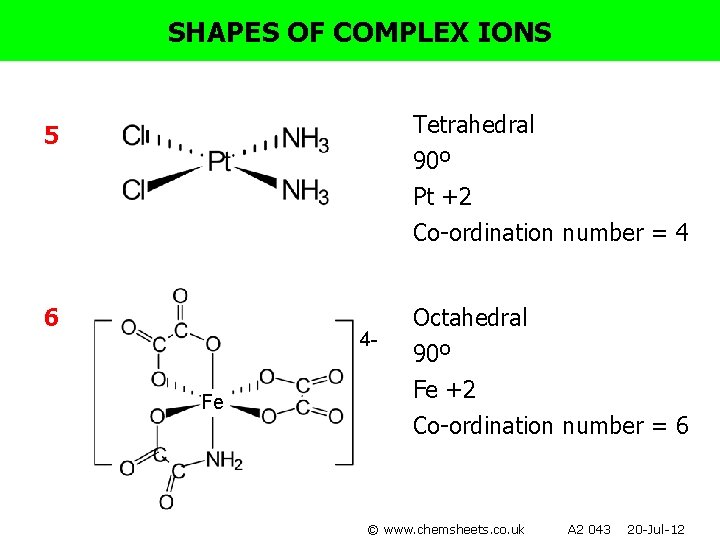 SHAPES OF COMPLEX IONS Tetrahedral 90º Pt +2 5 Co-ordination number = 4 6