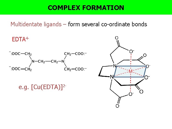 COMPLEX FORMATION Multidentate ligands – form several co-ordinate bonds EDTA 4 - e. g.