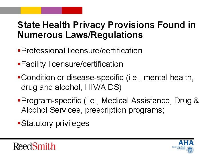 State Health Privacy Provisions Found in Numerous Laws/Regulations §Professional licensure/certification §Facility licensure/certification §Condition or