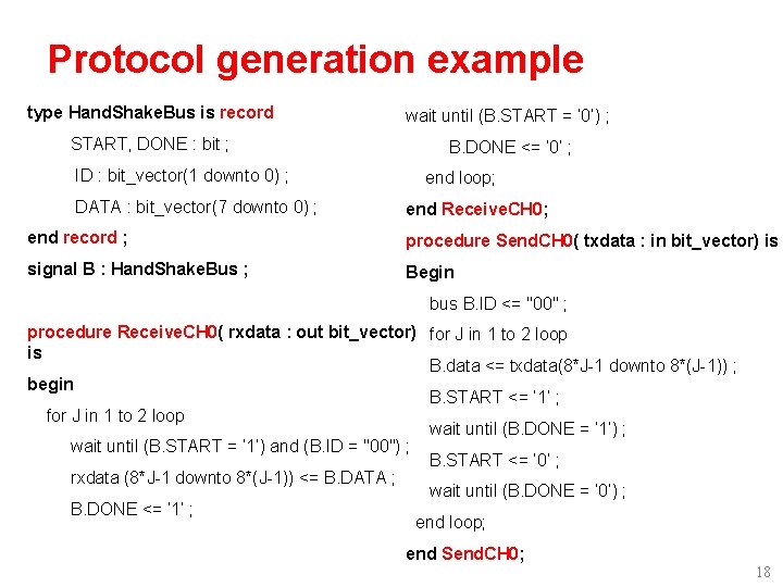 Protocol generation example type Hand. Shake. Bus is record wait until (B. START = Protocol generation example type Hand. Shake. Bus is record wait until (B. START =