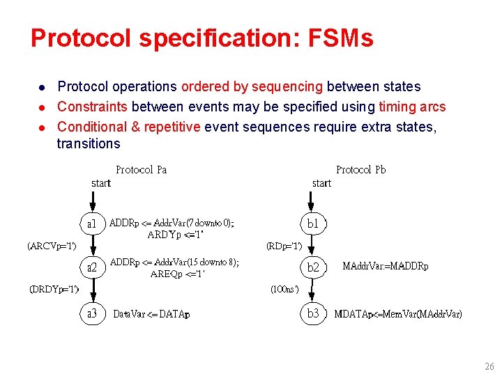 Protocol specification: FSMs l l l Protocol operations ordered by sequencing between states Constraints Protocol specification: FSMs l l l Protocol operations ordered by sequencing between states Constraints