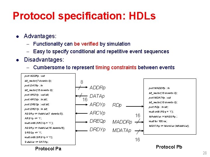Protocol specification: HDLs l Advantages: – Functionality can be verified by simulation – Easy Protocol specification: HDLs l Advantages: – Functionality can be verified by simulation – Easy