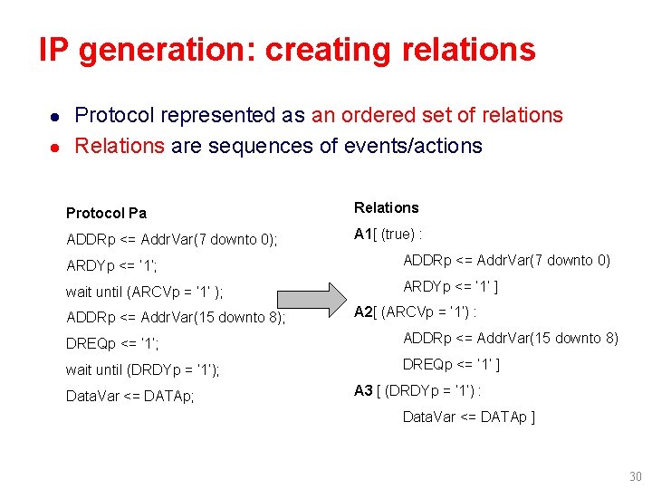 IP generation: creating relations l l Protocol represented as an ordered set of relations IP generation: creating relations l l Protocol represented as an ordered set of relations