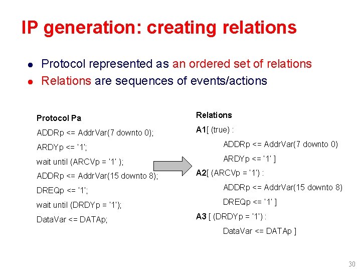 IP generation: creating relations l l Protocol represented as an ordered set of relations