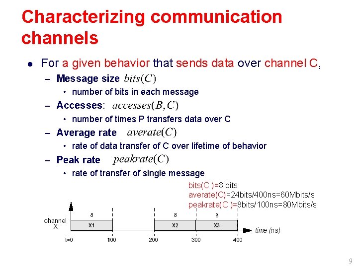 Characterizing communication channels l For a given behavior that sends data over channel C, Characterizing communication channels l For a given behavior that sends data over channel C,