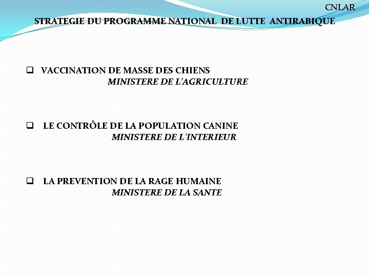 CNLAR STRATEGIE DU PROGRAMME NATIONAL DE LUTTE ANTIRABIQUE q VACCINATION DE MASSE DES CHIENS