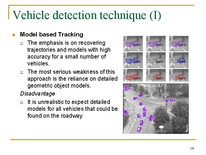 Vehicle detection technique (I) n Model based Tracking q The emphasis is on recovering