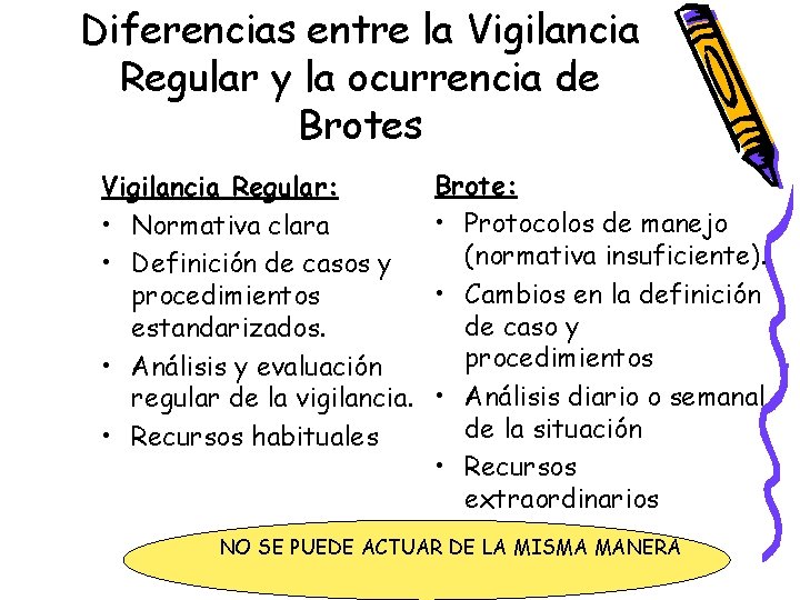 Diferencias entre la Vigilancia Regular y la ocurrencia de Brotes Vigilancia Regular: • Normativa