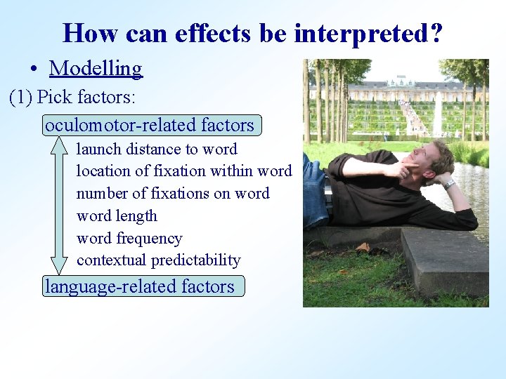 How can effects be interpreted? • Modelling (1) Pick factors: oculomotor-related factors launch distance