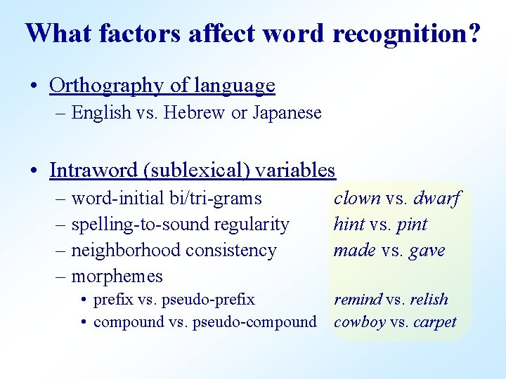 What factors affect word recognition? • Orthography of language – English vs. Hebrew or