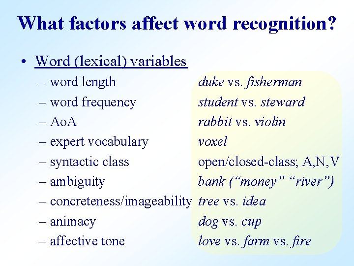 What factors affect word recognition? • Word (lexical) variables – word length – word