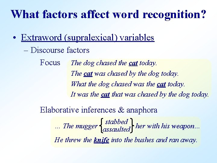 What factors affect word recognition? • Extraword (supralexical) variables – Discourse factors Focus The
