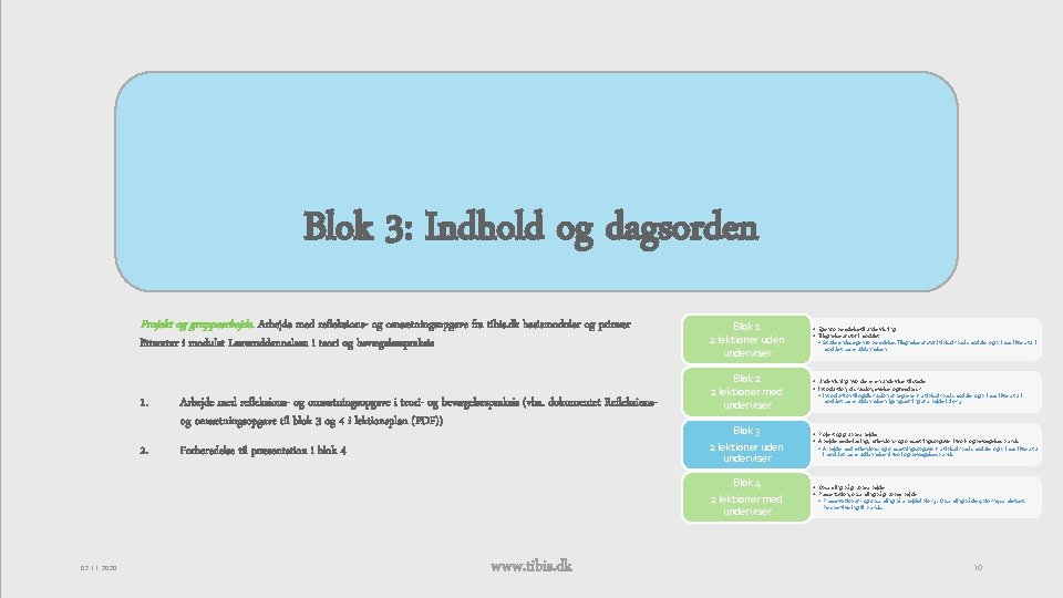 Blok 3: Indhold og dagsorden Projekt og gruppearbejde. Arbejde med refleksions- og omsætningsopgave fra