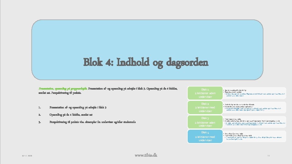 Blok 4: Indhold og dagsorden Præsentation, opsamling på gruppearbejde. Præsentation af- og opsamling på