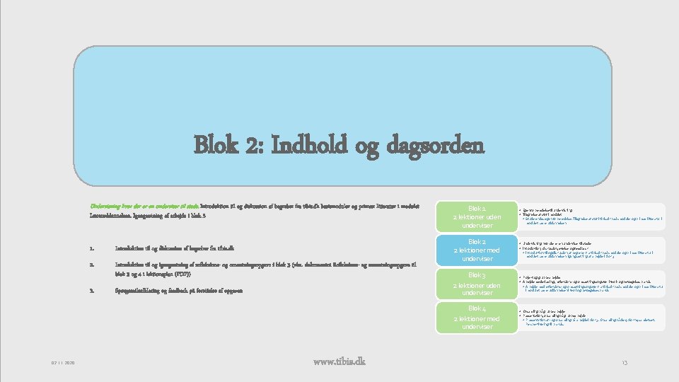 Blok 2: Indhold og dagsorden Undervisning hvor der er en underviser til stede. Introduktion