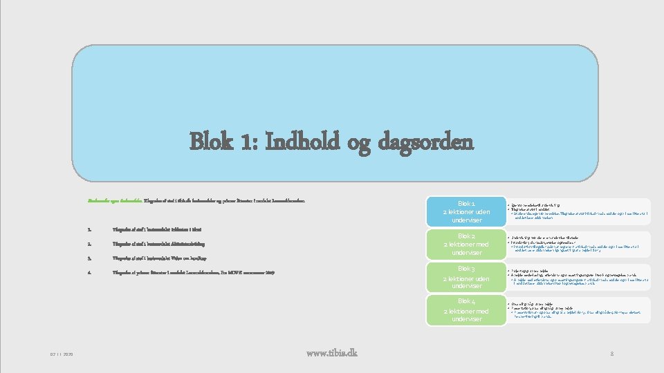 Blok 1: Indhold og dagsorden Studerendes egen forberedelse. Tilegnelse af stof i tibis. dk
