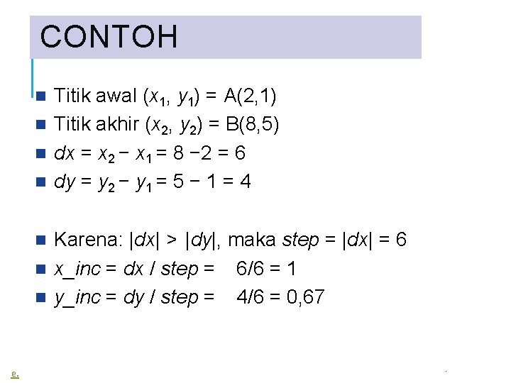 CONTOH Titik awal (x 1, y 1) = A(2, 1) Titik akhir (x 2,