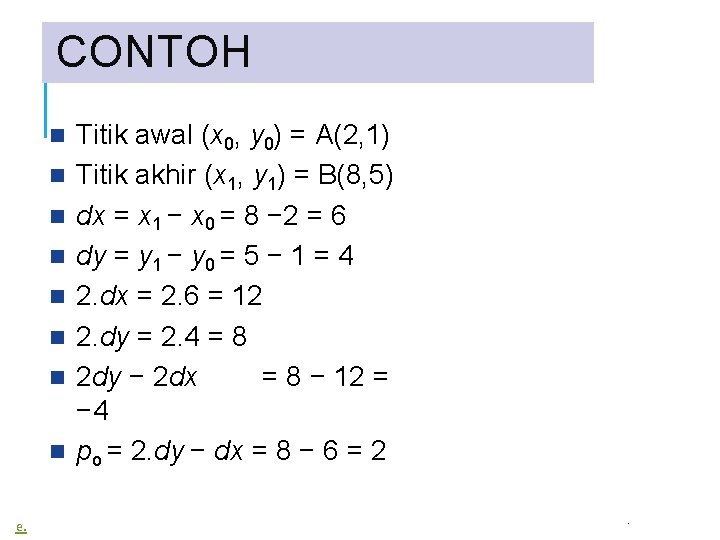 CONTOH e. Titik awal (x 0, y 0) = A(2, 1) Titik akhir (x