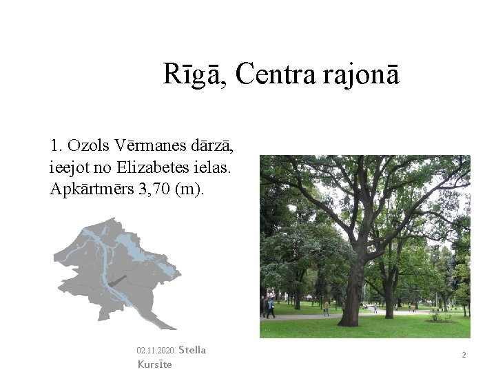 Rīgā, Centra rajonā 1. Ozols Vērmanes dārzā, ieejot no Elizabetes ielas. Apkārtmērs 3, 70