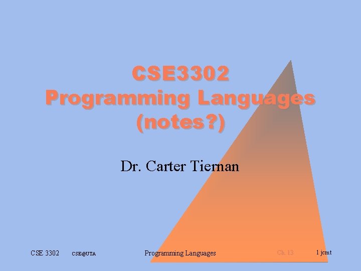 CSE 3302 Programming Languages (notes? ) Dr. Carter Tiernan CSE 3302 CSE@UTA Programming Languages CSE 3302 Programming Languages (notes? ) Dr. Carter Tiernan CSE 3302 CSE@UTA Programming Languages