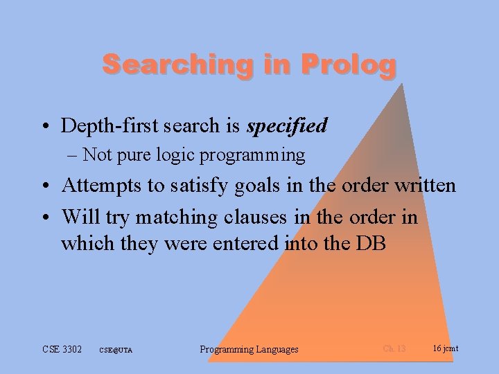 Searching in Prolog • Depth-first search is specified – Not pure logic programming • Searching in Prolog • Depth-first search is specified – Not pure logic programming •